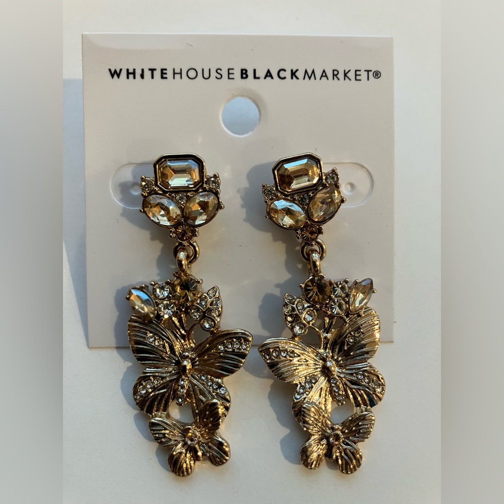 White House Black Market Gold Crystal Butterfly Earrings